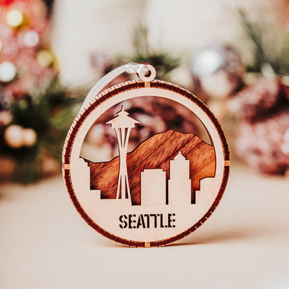 Handcrafted Seattle Skyline Ornament Featuring Mount Rainier – Rustic Pacific Northwest Wooden Christmas Decor - Willow and Mist Gifts