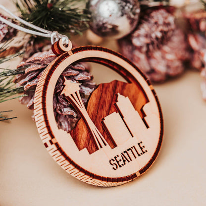 Handcrafted Seattle Skyline Ornament Featuring Mount Rainier – Rustic Pacific Northwest Wooden Christmas Decor - Willow and Mist Gifts