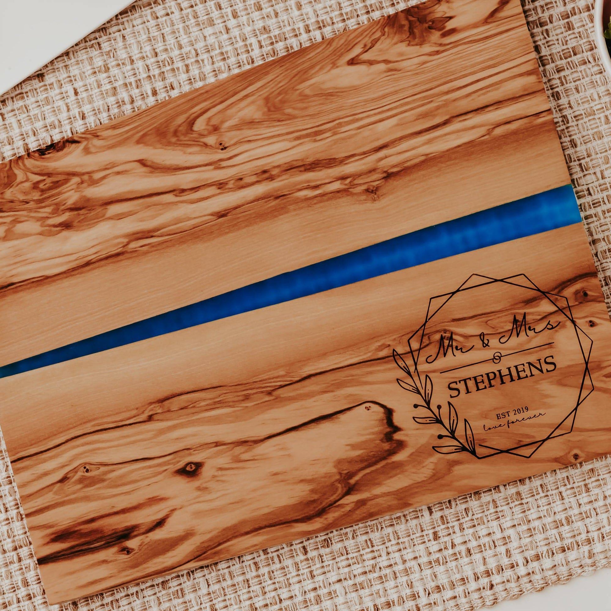 Personalized Engraved Olive Wood & Resin River Cutting Board for Couples - Willow and Mist Gifts