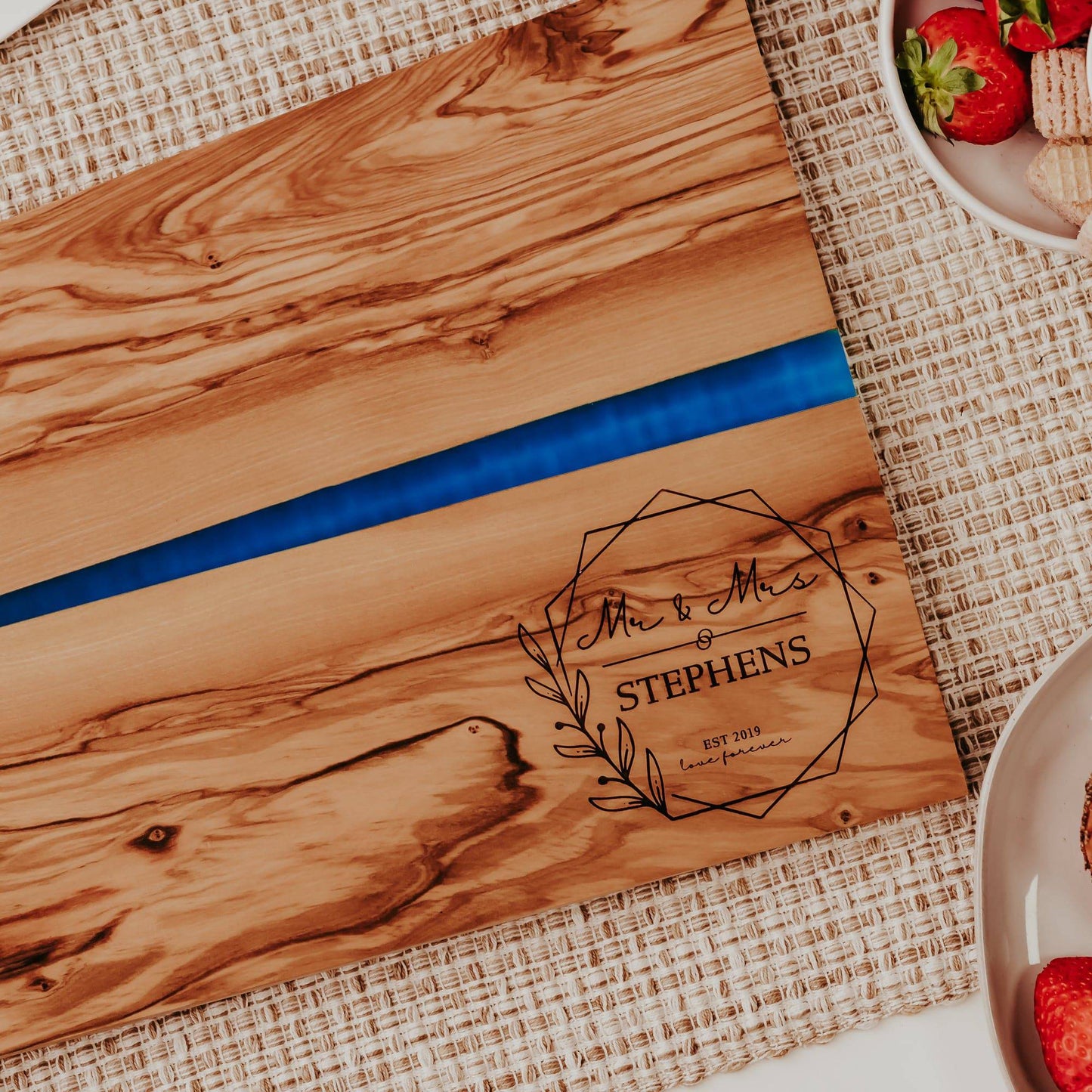 Personalized Engraved Olive Wood & Resin River Cutting Board for Couples - Willow and Mist Gifts