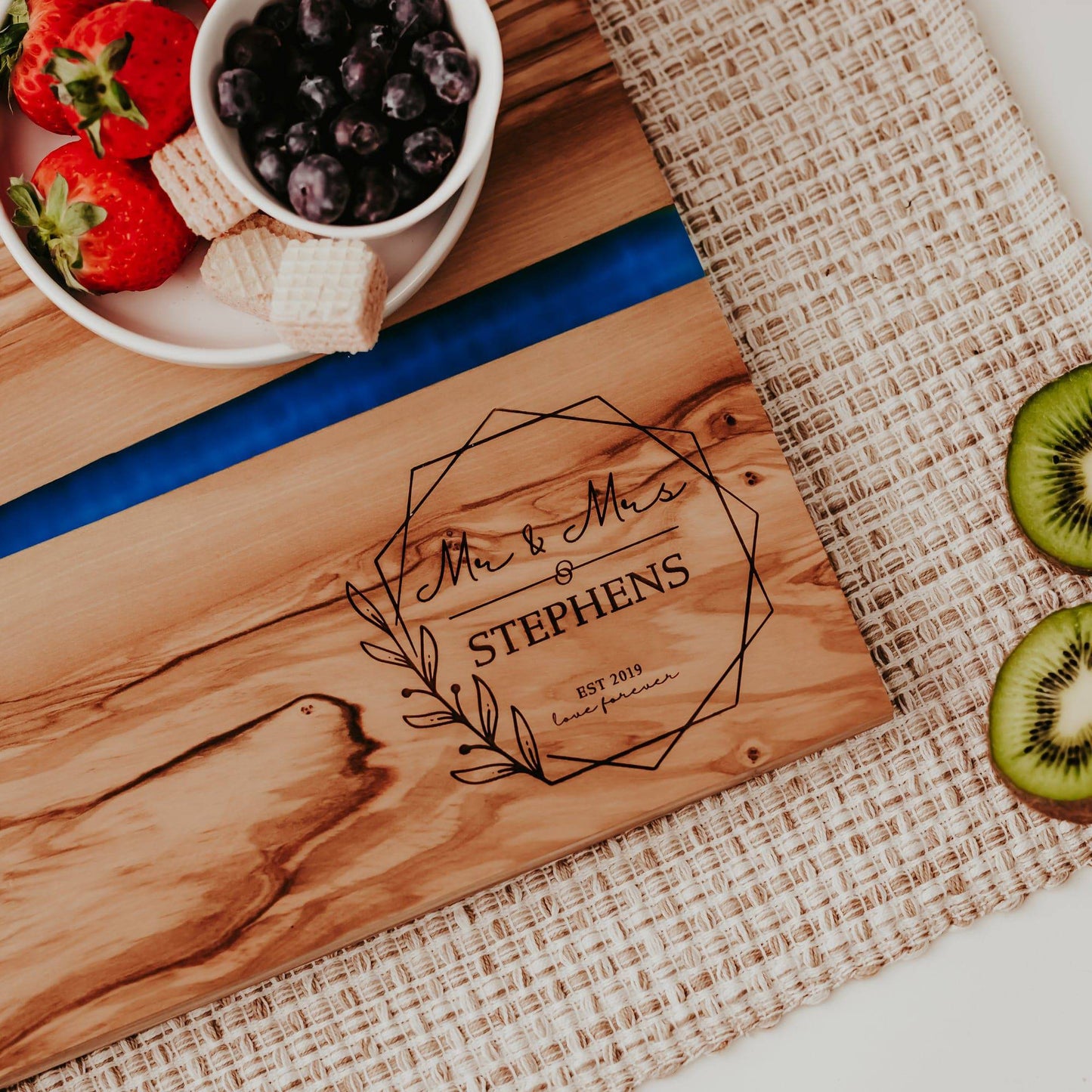 Personalized Engraved Olive Wood & Resin River Cutting Board for Couples - Willow and Mist Gifts