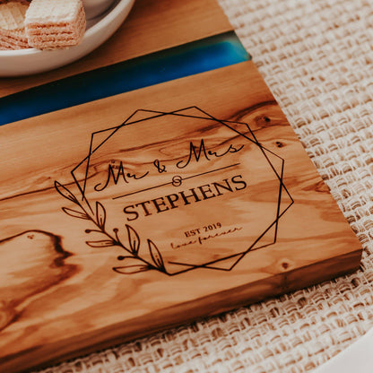 Personalized Engraved Olive Wood & Resin River Cutting Board for Couples - Willow and Mist Gifts