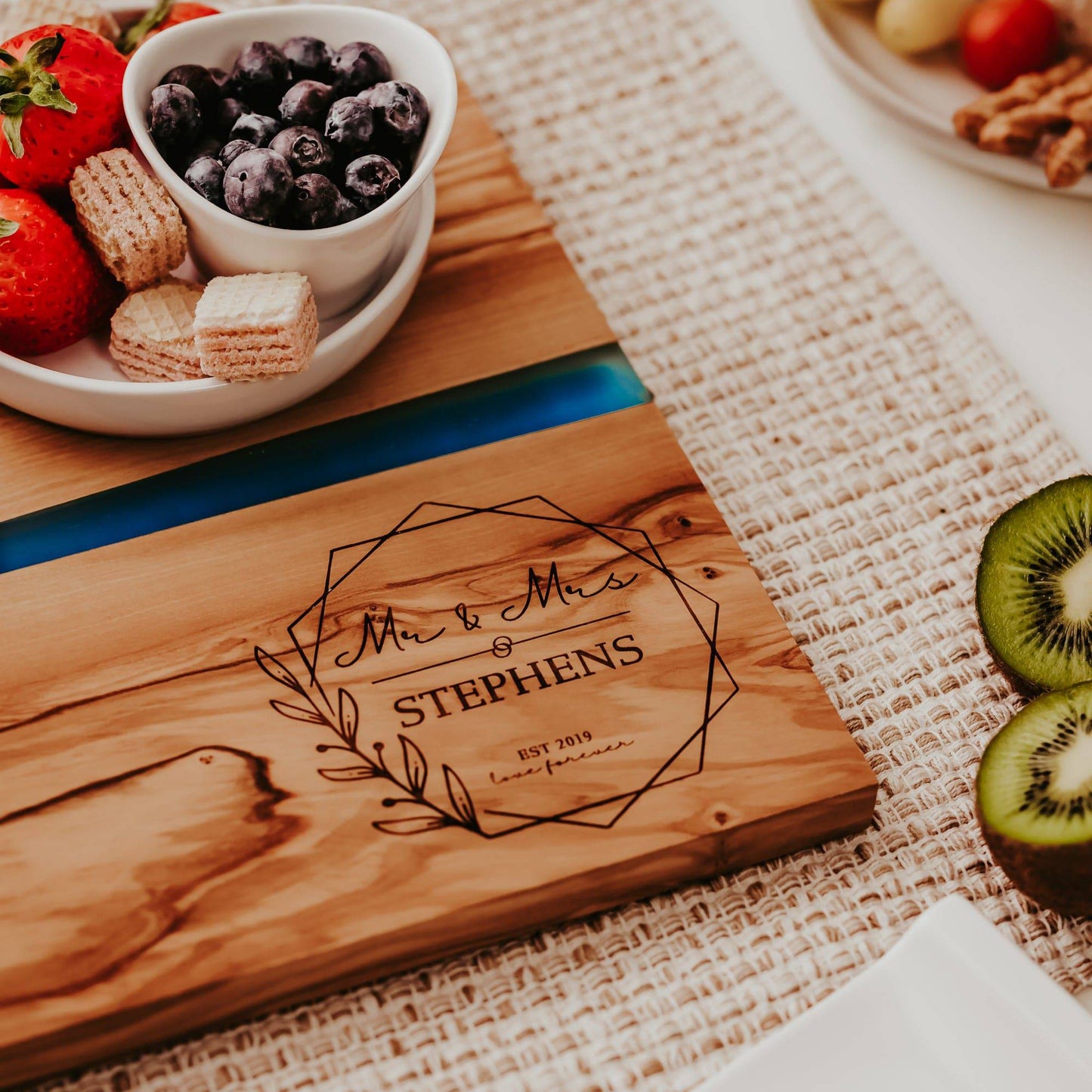 Personalized Engraved Olive Wood & Resin River Cutting Board for Couples - Willow and Mist Gifts