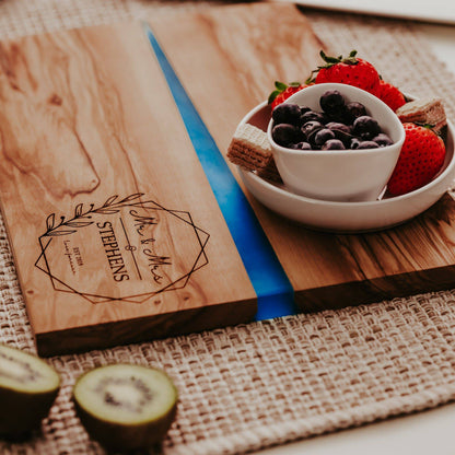 Personalized Engraved Olive Wood & Resin River Cutting Board for Couples - Willow and Mist Gifts