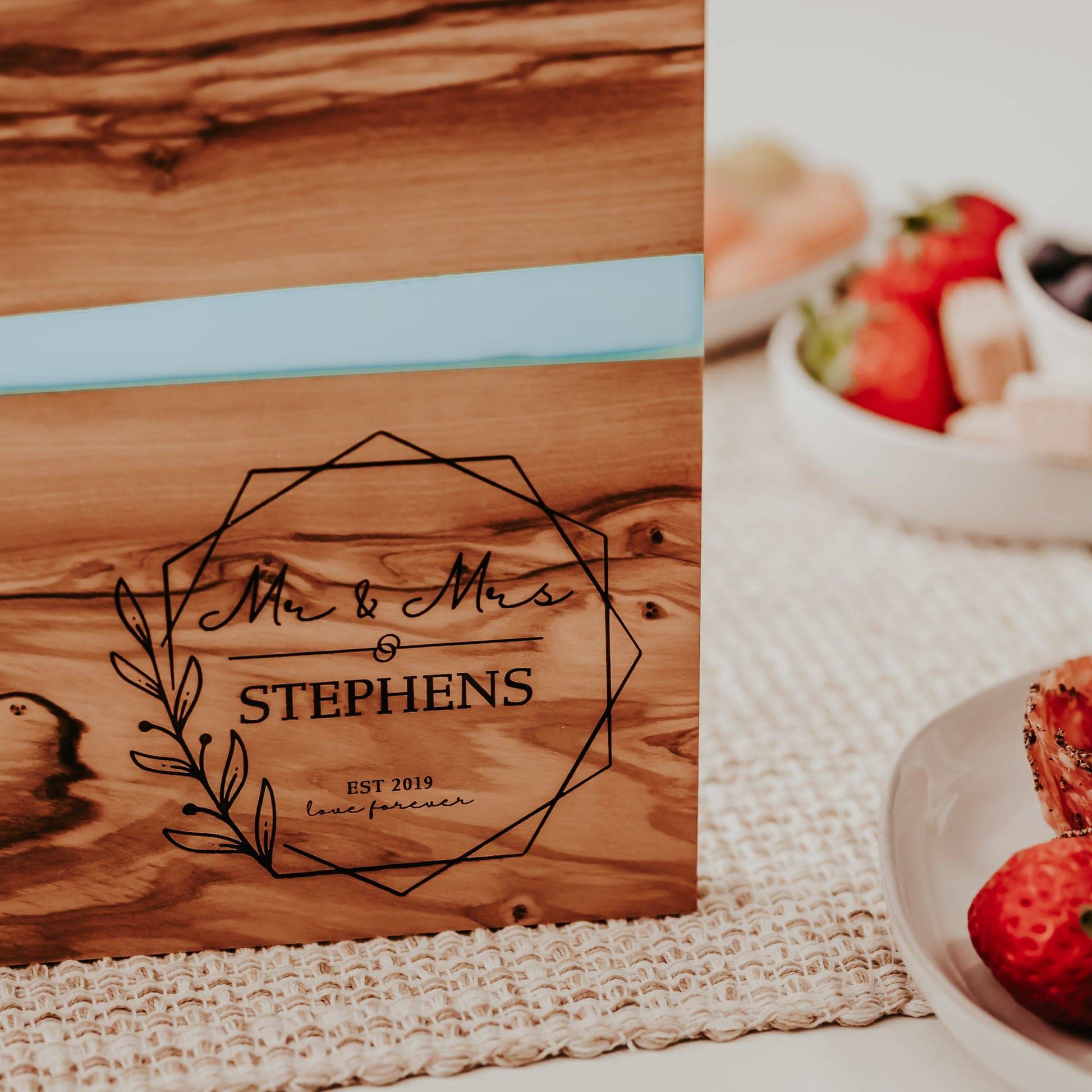 Personalized Engraved Olive Wood & Resin River Cutting Board for Couples - Willow and Mist Gifts