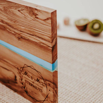 Personalized Engraved Olive Wood & Resin River Cutting Board for Couples - Willow and Mist Gifts